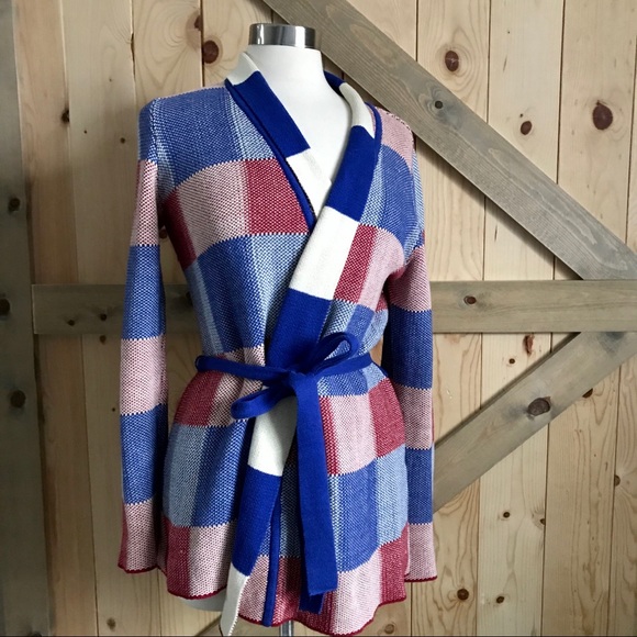 Modcloth Sweaters - ModCloth Red & Blue Patchwork Knit Wrap Cardigan